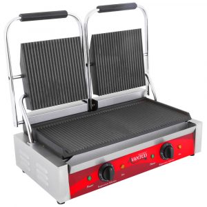 PANINI GRILL DOBLE CON PARRILLAS ONDULADAS P84, -Ancho 22 7/16 pg, Profundidad 12 pg, Altura 8 1/4 pg. 30 amperios, 60 Hertz, 1 Fase, 120 voltios, 1,750 vatios por lado, 120 - 570 grados F