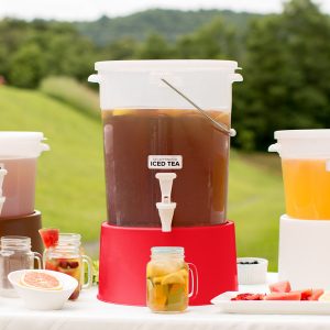 Dispensador Redondo 6 Galones Translucido con Base Roja