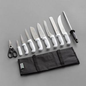 JUEGO SET DE CUCHILLOS PROFESIONALES 11 PIEZAS deshuesador 6pg, panero 9pg, cheff 8pg ,pelador 3 1/4pg, santoku 7pg, rebanador dentado 10pg, un cuchillo de uso general 5pg y un cuchillo 10pg y afilador de acero de 12pg tijera y funda