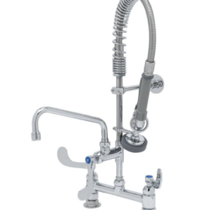 MINI LLAVE DE PRELAVADO A PISO CON ADD ON Y CUELLO, MEZCLADORA CON CARTUCHOS DE CERAMICA, SPRAY STANDARD, TUBO, RESORTE Y BRACKET DE PARED, NSF