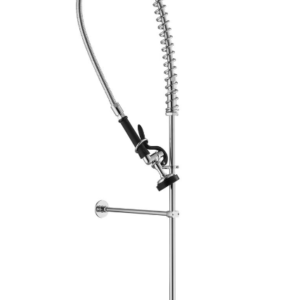 MINI LLAVE DE PRELAVADO A PISO, MEZCLADORA CON CARTUCHOS DE CERAMICA, SPRAY STANDARD, TUBO, RESORTE Y BRACKET DE PARED, NSF