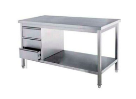 MESA DE TRABAJO DE 1.20X0.70X0.90 CON ENTREPAÑO Y CAJONES EN ACERO INOXIDABLE