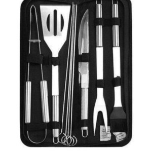 JUEGO SET PARA ASADO 9 PIEZAS BBQ KIT INCLUYE: 1 pala de acero, 1 pinza, 1 cuchillo, 1 trinche, 1 brocha, 4 brochetas