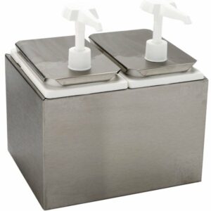 DISPENSADOR DE CONDIMENTOS DOBLE 2.36 LITROS C/U MEDIDAS: LARGO 7 3/4PG, ANCHO 9 3/4 PG Y ALTO 10 3/4 PG (CATSUP, MOSTAZA, MAYONESA)