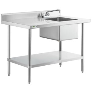 MESA DE TRABAJO CON FREGADERO UNA TARJA 30 x 48 PG ACERO INOXIDABLE EN CALIBRE 16 CON PATAS EN ACERO INOXIDABLE CON ENTREPANO TARJA A LA DERECHA INCLUYE LLAVE MEZCLADORA REGENCY