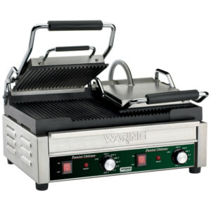 PANINI GRILL DOBLE CON AMBAS PLACAS ONDULADAS SUPERFICIE PARA COCINAR 17 x 9 1/4 PG - 240V, 3120W MARCA WARING