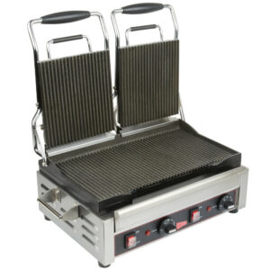 PANINI GRILL DOBLE CON AMBAS PLACAS ONDULADAS SUPERFICIE PARA COCINAR 14 1/2 x 9 PG - 240V, 3200W MARCA CECILWARE