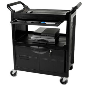 CARRO DE SERVICIO CON DOS PUERTAS CON CERRADURA Y REPISA DESLIZABLE PARA ESCRIBIR CAP. 300 LB 33 5/8 X 18 5/8 X 37 3/4 PG COLOR NEGRO RUBBERMAID