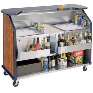 BAR PORTATIL Lakeside 886VC 63 1/2" Stainless Steel Portable Bar with Victorian Cherry Laminate Finish, 2 Removable 7-Bottle Speed Rails, and 2 40 lb. Ice Bins