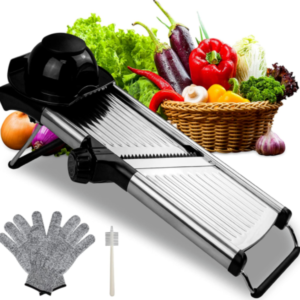 MANDOLINA ACERO INOX ,39.37cm x 12.5413cm, con 5 cuchillas Intercambiables,  protector de mano, de acero inoxidable