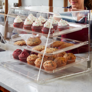 EXHIBIDOR DE PAN, DONAS Y CUPCAKES 3 CHAROLAS CON PUERTAS  DE ACRILICO 21 x 17 3/4 x 16 1/2 SOBRE PEDIDO