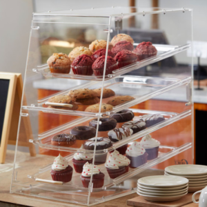 EXHIBIDOR DE PAN, DONAS Y CUPCAKES 4 CHAROLAS CON PUERTAS DE ACRILICO 22 x 14 x 24 SOBRE PEDIDO