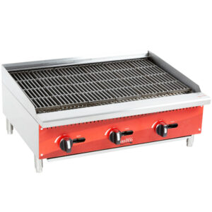 ASADOR A GAS DE 90CMS AG36RC -Ancho 36pg, Profundidad 27 1/2 pg, Altura 15pg, Quemador BTU 35.000 , 3 quemadores, Cuenta con bandeja de desecho, Conexion de gas trasera de 3/4