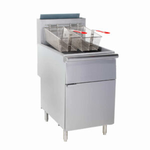 FREIDORA DOBLE A GAS LP 50LTS FF518,ACERO INOX, TERMOSTATO 200-400 °F, 150.000 BTU, 2 CESTAS CON ASAS RECUBIERTAS , Ancho 21 pg, Profundidad 34 1/4 pg, Altura 47 1/8 pg