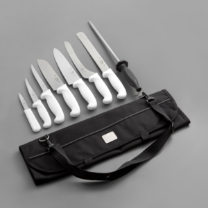 JUEGO SET DE CUCHILLOS PROFESIONALES 9 PIEZAS Deshuesador 6pg, panadero 9pg, chef 8pg, pelador de 3 1/4pg, santoku de 7pg, rebanador dentado de 10pg, multiusos de 5pg, chaira de 12 pg