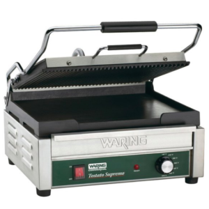 PANINI GRILL WARING WDG250 PARRILLA ONDULADA Y LISA 120V ,60 Hertz, 1,800 Watts, 140 - 570 F, MEDIDADAS: 17 1/2 pg, 16 pg, 9 1/2 pg