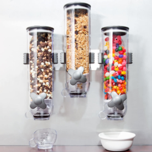 DISPENSADOR DE CEREAL TRIPLE CONTENEDOR DE 13 OZ CADA CONTENEDOR, 1OZ POR SERVICIO MARCA ZEVRO (IMPORTACION)