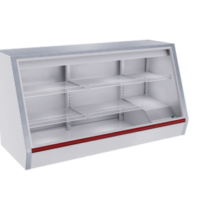 Vitrina Exhibidora VE200 De Cristal Plano Con Cubierta De Acero Inoxidable 205 ft3 Frente 200 x Fondo 82 x Alto 115