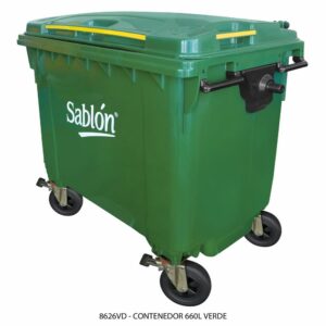 Contenedor 660L Verde Sin Pedal, Con Agarraderas y Ruedas