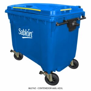 Contenedor 660L Azul Sin Pedal, Con Agarraderas y Ruedas