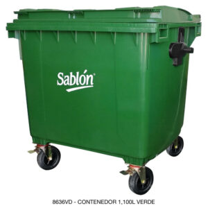 Contenedor 1100L Verde Sin Pedal, Con Agarraderas y Ruedas
