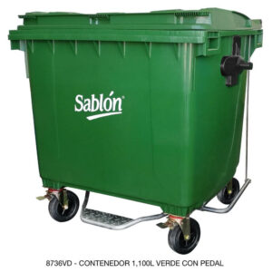 Contenedor 1100L Verde Con Pedal, Con Agarraderas y Ruedas
