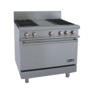 Estufa CG-41PD De Acero Inoxidable Con 4 Quemadores Horno y Plancha Frente 91.5 x Fondo 76.8 x Alto 90