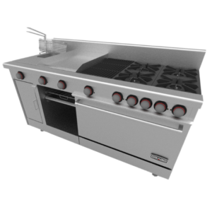 Estufa UNIVERSAL PD Con 4 Quemadores Asador De 1 Pie Plancha De 2 Pies Freidora y Gratinador Frente 183 x Fondo 76.8 x Alto 90