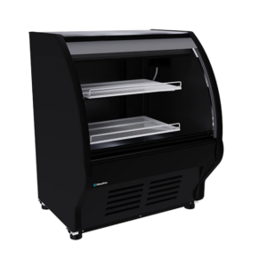 Vitrina Exhibidora VCM100 De Cristal Curvo Con Cubierta De Acero Inoxidable 6 ft3 Frente 99 x Fondo 85 x Alto 121