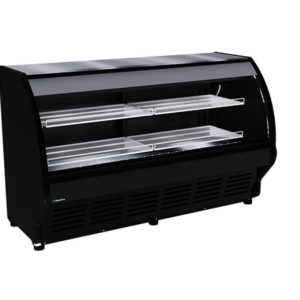 Vitrina Exhibidora VCM200 De Cristal Curvo Con Cubierta De Acero Inoxidable 15 ft3 Frente 200 x Fondo 85 x Alto 12