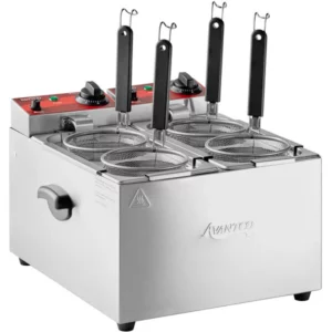 COCEDOR PARA PASTA ELECTRICO DE 2 GALONES / 8 LITROS DE DOBLE TANQUE, 4 CANASTILLAS CON MANGO, 120V, 3000 W USO COMERCIAL