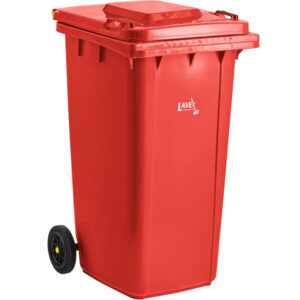 CONTENEDOR DE BASURA RECTANGULAR CON RUEDAS 240 LITROS TAPA ABATIBLE COLOR ROJO
