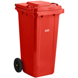 CONTENEDOR DE BASURA RECTANGULAR CON RUEDAS 121 LITROS (32 GAL) TAPA ABATIBLE COLOR ROJO