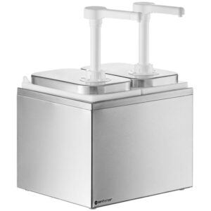 DISPENSADOR DE CONDIMENTOS DOBLE 2 QT (1.89 LITROS C/U) 1OZ POR SERVICIO MEDIDAS: 9 9/16X 7 7/8 X 13 3/8 PG SERVSENSE