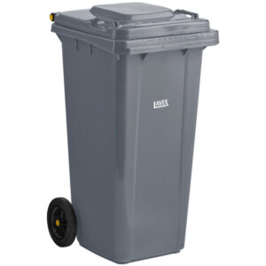 CONTENEDOR DE BASURA RECTANGULAR CON RUEDAS 121 LITROS (32 GAL) TAPA ABATIBLE COLOR GRIS