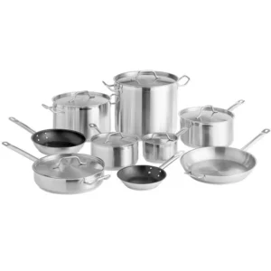 BATERIA DE ACERO INOXIDABLE INDUCCION 15 PIEZAS, sartenes de 8 y 9 1/2 pg con antiadherente, una sarten de 12 pg, cacerolas con tapa de 2 qt, 3,5 qt y 6 qt