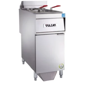 Freidora Electrica Vulcan 1ER50AF-2 50 lb (22 lts) Doble Canastilla, Freidora de Piso - 480V, 3 Phase, 17 kW, Medida: 15 1/2 x 34 3/8 x 39 7/16 pg