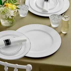 Plato Base Color Blanco de 33cms Con Borde Punteado MATERIAL PLASTICO CHOICE (VENTA EN MULTIPLOS DE 24 PIEZAS)