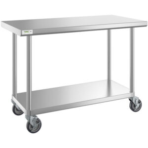 MESA DE TRABAJO CON RUEDAS 24PG x 48PG (60 X 121 CM) CUBIERTA DE ACERO INOXIDABLE 304 CAL 16 Y ENTREPANO EN ACERO INOXIDABLE 430 CAL. 18