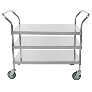 CARRO DE SERVICIO 3 REPISAS DE ACERO INOXIDABLE TIPO 304 MEDIDA: 36 x 24 x 37 PG ENTREPANOS AJUSTABLES CAPACIDAD 950 KG MARCA REGENCY