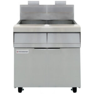 Freidora de piso de propano liquido Frymaster MJ240 de 2 tinas y 40 lb con controles de milivoltios, 220 000 BTU
