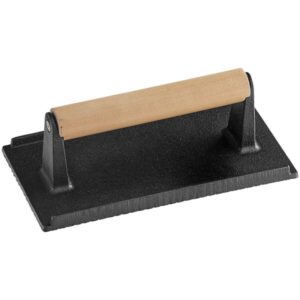 PRENSA PARA CARNE DE HAMBURGUESAS RECTANGULAR DE HIERRO FUNDIDO CON MANGO DE MADERA 8 X 4 PG