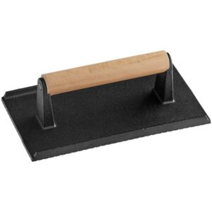 PRENSA PARA CARNE DE HAMBURGUESAS RECTANGULAR DE HIERRO FUNDIDO CON MANGO DE MADERA 9 X 5 PG