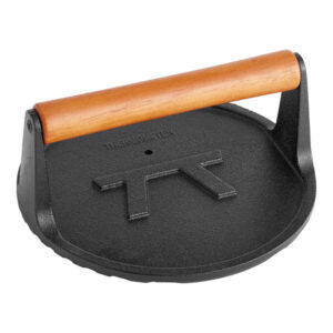 PRENSA PARA CARNE DE HAMBURGUESAS REDONDA DE HIERRO FUNDIDO CON MANGO DE MADERA 8 PG DE DIAMETRO