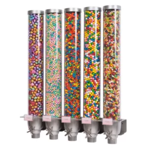 DISPENSADOR DE CEREAL DE 5 CONTENEDORES DE 9.5 LTS CADA UNO, MEDIDAS: 75 X 19 X 92 CM MARCA ROSSETO