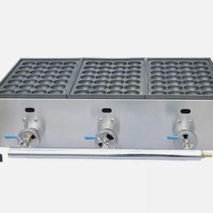 TOCOYAKI GRILL COMERCIAL CON 3 PLACAS DE GAS DIAMETRO DE 40MM, PROFUNDIDAD DE HOYO 25 MM, MEDIDA GENERAL: 630x460x195MM, PESO 17 KG