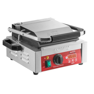 Parrilla Comercial Para Sándwiches Panini Con Temporizador Avantco Pg100Gst Placas Superiores Ranuradas E Inferiores Lisas, Y Superficie De Cocción De 8 1/2 X 8 1/2 - 120 V, 1750 W