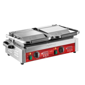 Parrilla Comercial Para Sándwiches Panini Doble Con Temporizador Avantco Pg400Gst Placas Superiores Ranuradas E Inferiores Lisas, Y Superficie De Cocción De 19 5/8 X 9 1/8 - 120 V, 3500 W