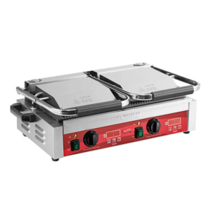 Parrilla Comercial Para Sándwiches Panini Doble Con Temporizador, Avantco Pg400T Placas Ranuradas Y Superficie De Cocción De 19 5/8 X 9 1/8 - 120 V, 3500 W