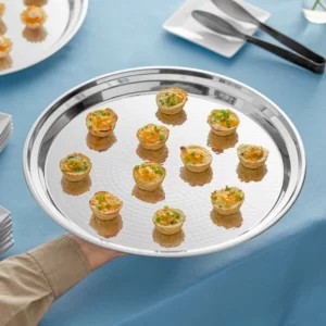 CHAROLA REDONDA DE SERVICIO 15 PG TERMINADO MARTILLADO ACERO INOXIDABLE CHOICE (PRECIO POR 12 PIEZAS)